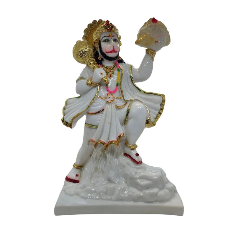Wit marmerlook Hanuman murti die de Sanjeevani berg optilt met gouden gada en halo.
