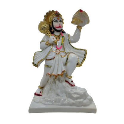 Wit marmerlook Hanuman murti die de Sanjeevani berg optilt met gouden gada en halo.